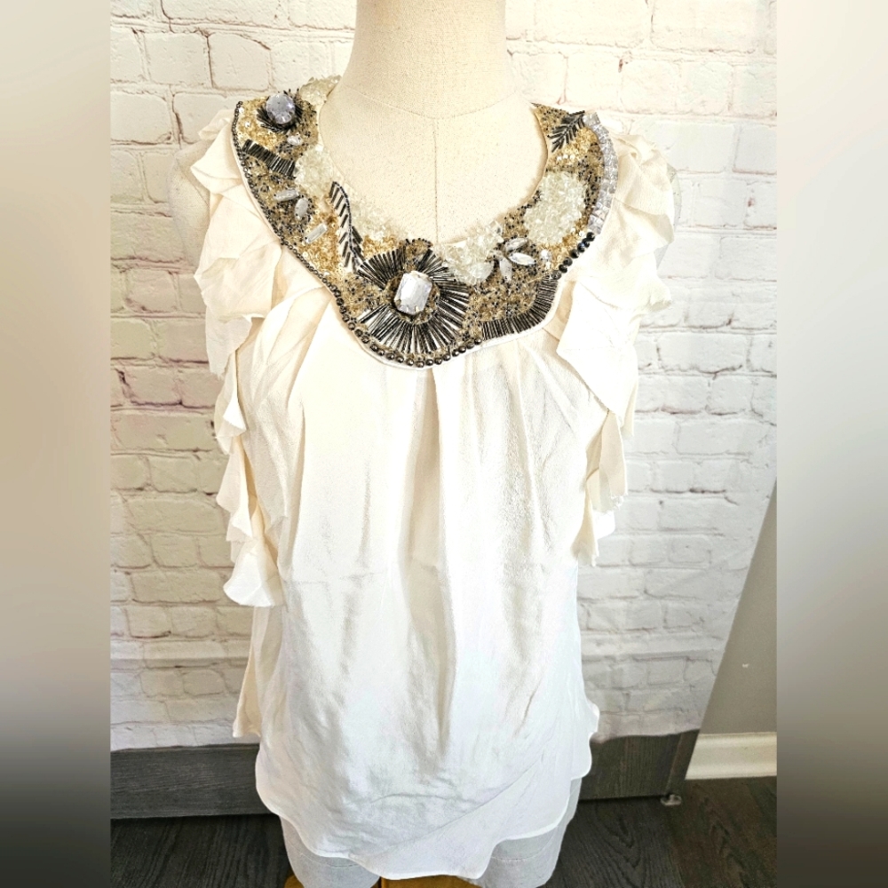 Hannah Jo Silk Top w/ Removable Intricate Bib Necklace | Cream | Small | EUC